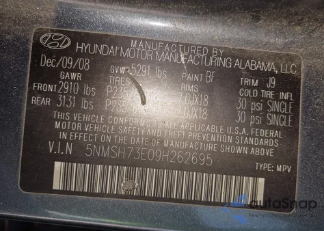 2009 Hyundai Santa Fe Limited z USA, uszkodzony, nr VIN 5NMSH73E09H262695